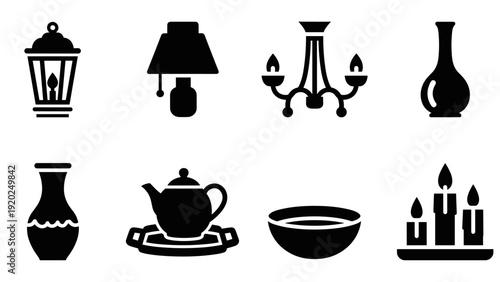 Collection of decorative household objects and lighting fixtures in silhouette