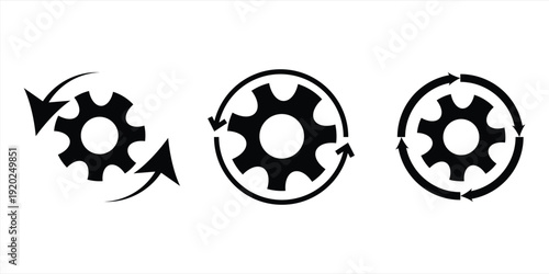 Gear Rotation Process Icons with Circular Arrow Flow – Mechanical Cycle and Automation Symbols