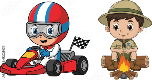 Cute cartoon kids vector illustration, boy racing go kart and scout sitting by campfire isolated on white background