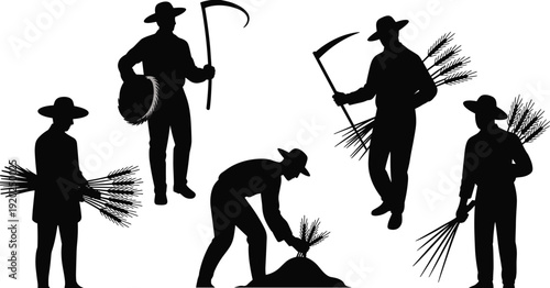 Farmer harvesting wheat silhouettes collection vector illustration, agricultural workers with scythe isolated on white background for rural farming design