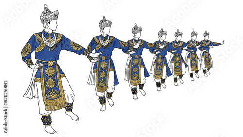 Traditional dancers in ornate blue and gold costumes perform a synchronized routine