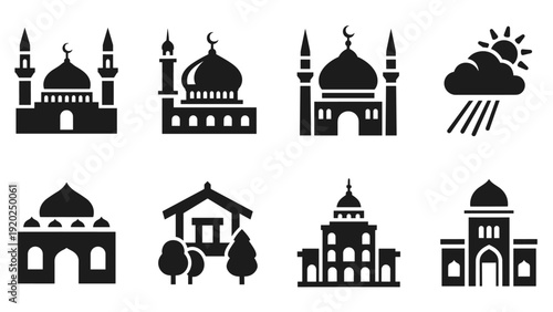 Collection of Islamic mosque and building icons with a weather icon