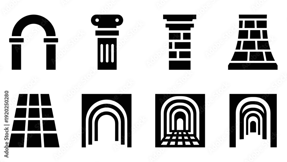 Fototapeta premium Collection of architectural elements and structures, including arches, columns, and tunnels