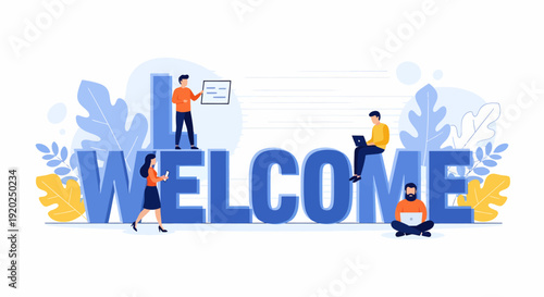People Interacting with Welcome Sign Illustration.