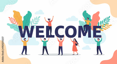 Diverse People Holding Welcome Sign Together.