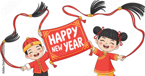 Happy New Year cartoon kids illustration, cute children holding festive banner with traditional costume celebration design