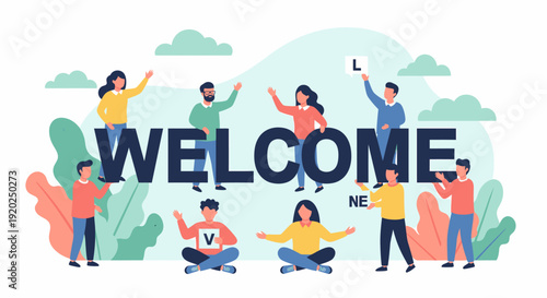 Diverse People Celebrating with Welcome Sign.