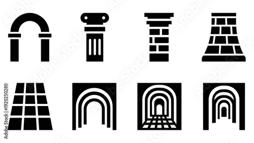 Collection of architectural elements and structures, including arches, columns, and tunnels