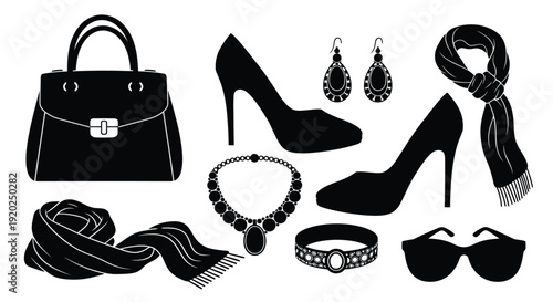 Black and white illustration of women s fashion accessories arranged together