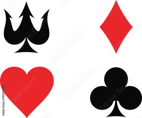 Playing Card Suits Vector Set with Spade Heart Diamond and Club Symbols for Casino Game Design and Classic Card Graphics