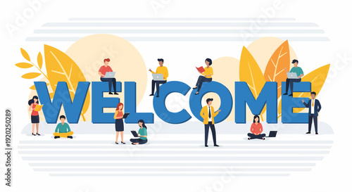 Colorful Welcome Sign with People Gathering.