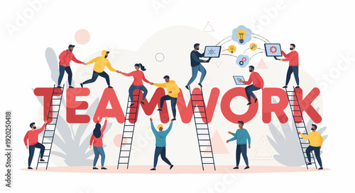 Teamwork Concept with People on Ladders.