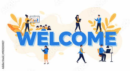 Diverse People Around Welcome Sign Illustration.