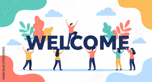 People Holding Welcome Sign with Leaves.