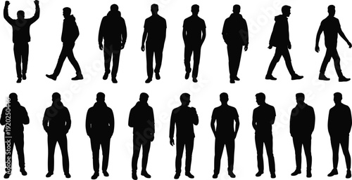 Men Silhouette Collection, Casual Male Figures Standing and Walking in Different Poses Isolated on White Background Vector Set