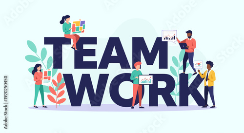 Teamwork concept with people and letters.