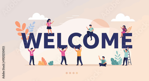 People Assembling Large Welcome Sign Together.