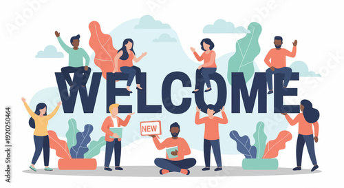 Diverse People Around Welcome Sign Illustration.