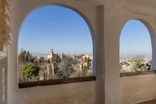 13th century Alcazaba fortress of Alhambra, view from Patio of Generalife, Granada, Spain, Andalusia