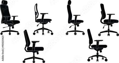 Office chair silhouettes collection vector illustration, ergonomic swivel seats isolated on white background for workplace furniture design projects