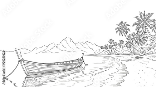 Serene tropical beach scene with a longtail boat moored near the shore