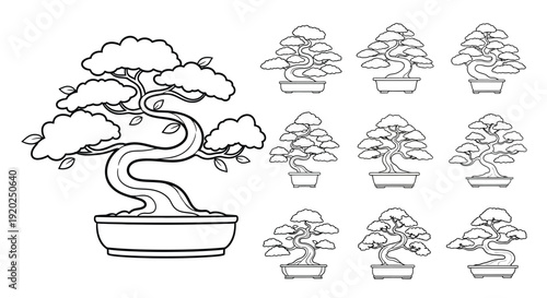 Line art illustration of various bonsai trees in pots