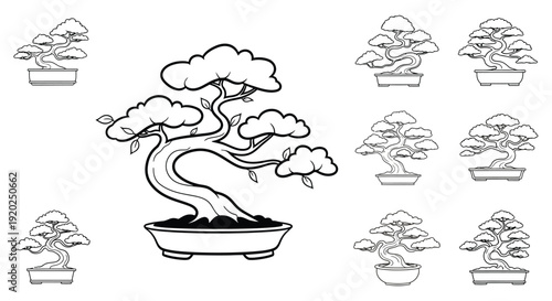 Stylized bonsai trees in a black and white illustrative composition