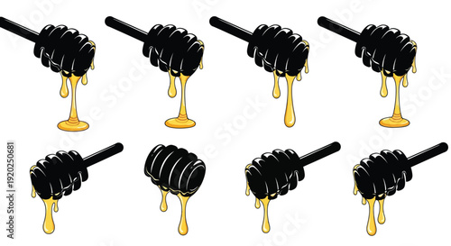 Honey dippers dripping with golden honey arranged in a grid pattern