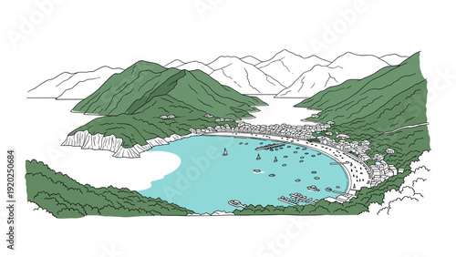 Idyllic coastal village nestled in a bay surrounded by lush green mountains and serene blue waters