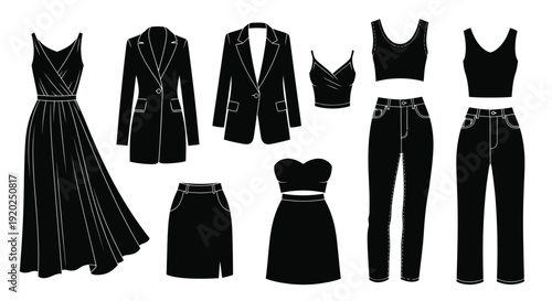 Stylized black and white illustration of various clothing items and outfits