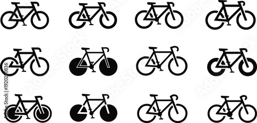 Professional bicycle icon collection featuring racing bikes with aero wheels and mountain bike symbols for competitive cycling and sports branding