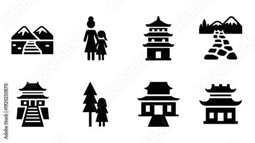 Collection of Japanese cultural icons and symbols, including temples and nature scenes