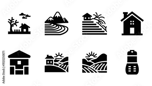 Collection of simple black and white icons representing rural life and landscapes