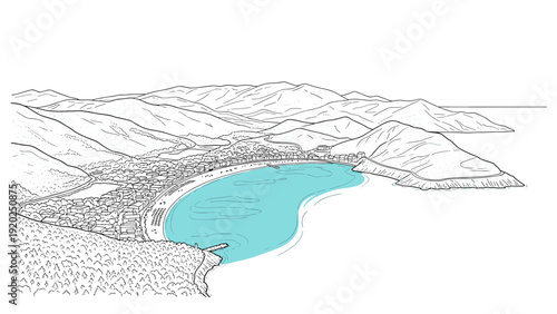 Scenic coastal town nestled in a bay with rolling hills and turquoise waters