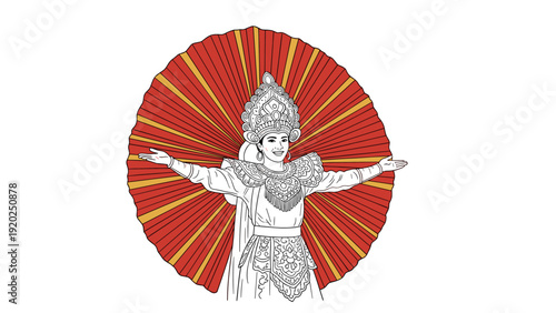 Traditional Balinese dancer in ornate costume with elaborate headdress and fan-like backdrop