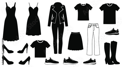 A collection of black and white clothing and footwear silhouettes