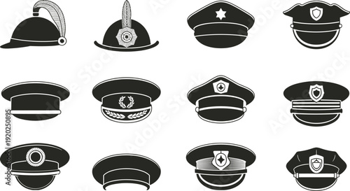 Police and military hat silhouettes set, officer uniform cap icons isolated on white background for authority design