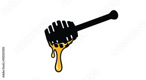 A black honey dipper with dripping golden honey on a white background