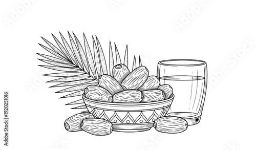 Black and White Dates Fruit Bowl with Palm Leaves Vector