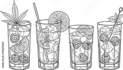 Professional hand-drawn vector line art featuring glasses of iced beverages infused with berries, citrus slices, mint, and botanical leaves for cafe branding