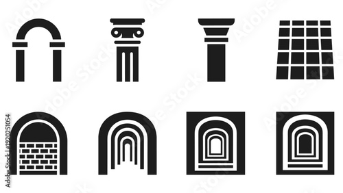 Collection of architectural elements and arches in a minimalist black and white vector style