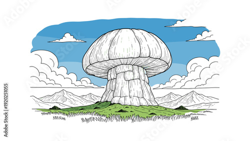 Whimsical giant mushroom house in a fantasy landscape with mountains and clouds