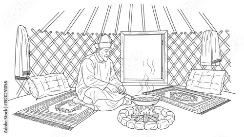 Elderly man cooking food over a campfire inside a traditional yurt dwelling