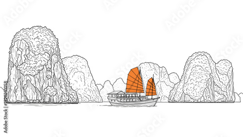 Traditional junk boat sails through limestone karsts in Ha Long Bay, Vietnam