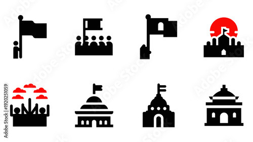 Collection of political and civic symbols including flags, government buildings, and protests