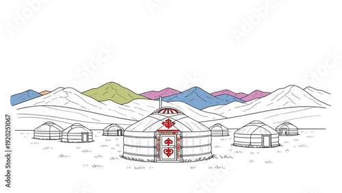 Traditional Mongolian ger camp nestled in a vast landscape with colorful mountains in the background