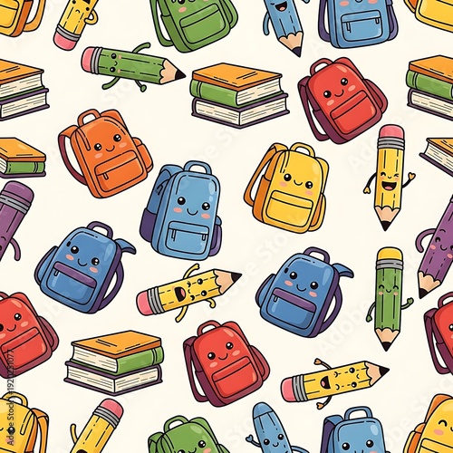 Colorful cartoon school backpacks and supplies set on white background for education and back to school concept