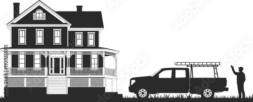 Residential house exterior with pickup truck and contractor silhouette, home improvement service vector illustration isolated