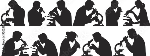 Scientists using microscope silhouettes collection vector illustration, laboratory research and medical analysis isolated on white background