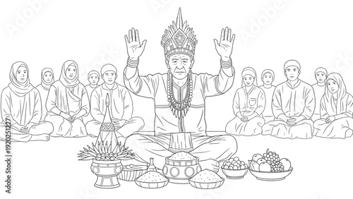 Elderly man in traditional headdress leads a seated audience in a ritualistic ceremony